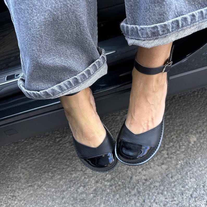 Anatomical Black Leather Mary Janes, Wide Toe Box Ballet Flats, Comfortable Ankle Strap Shoes, Minimalist Footwear, Handmade Leather Flats image 13