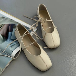 Natural Leather Ballet Flats, Women's Square Toe Ballerina Shoes, Minimalist Lace Up Soft Flats, Comfortable Daily Footwear, Handmade Shoes image 17