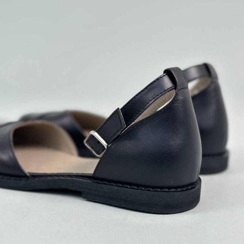 Anatomical Black Leather Mary Janes, Wide Toe Box Ballet Flats, Comfortable Ankle Strap Shoes, Minimalist Footwear, Handmade Leather Flats image 4