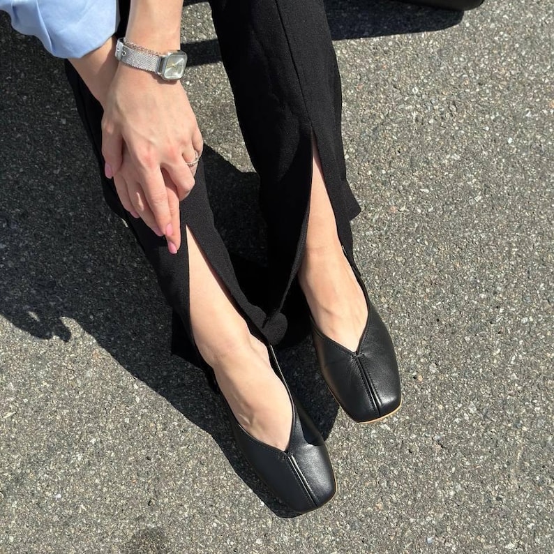 Sapatilhas de couro com bico quadrado, sapatilhas femininas sem fecho, sapatilhas minimalistas confortáveis, calçado elegante para o dia a dia. imagem 7
