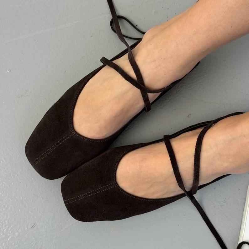 Natural Leather Ballet Flats, Women's Square Toe Ballerina Shoes, Minimalist Lace Up Soft Flats, Comfortable Daily Footwear, Handmade Shoes Suede Dark Brown