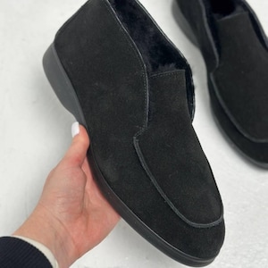 Suede Slip On Boots, Natural Sheepskin Fur Lined, Warm Winter Ankle Shoes, Minimalist High Top Loafers, Moccasin Boots, Quiet Luxury Style image 17