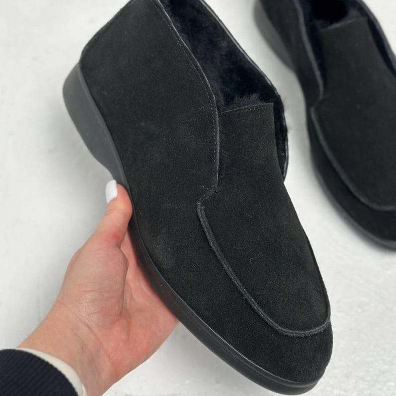 Suede Slip On Boots, Natural Sheepskin Fur Lined, Warm Winter Ankle Shoes, Minimalist High Top Loafers, Moccasin Boots, Quiet Luxury Style image 17