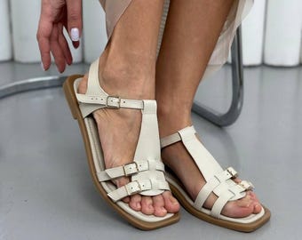 Greek Sandals, Women’s Leather Flats, Adjustable T-Bar Sandals, Handmade Summer Shoes, Gladiator Sandals, Gift for Her