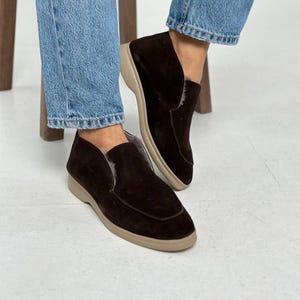 Suede Slip On Boots, Natural Sheepskin Fur Lined, Warm Winter Ankle Shoes, Minimalist High Top Loafers, Moccasin Boots, Quiet Luxury Style image 12