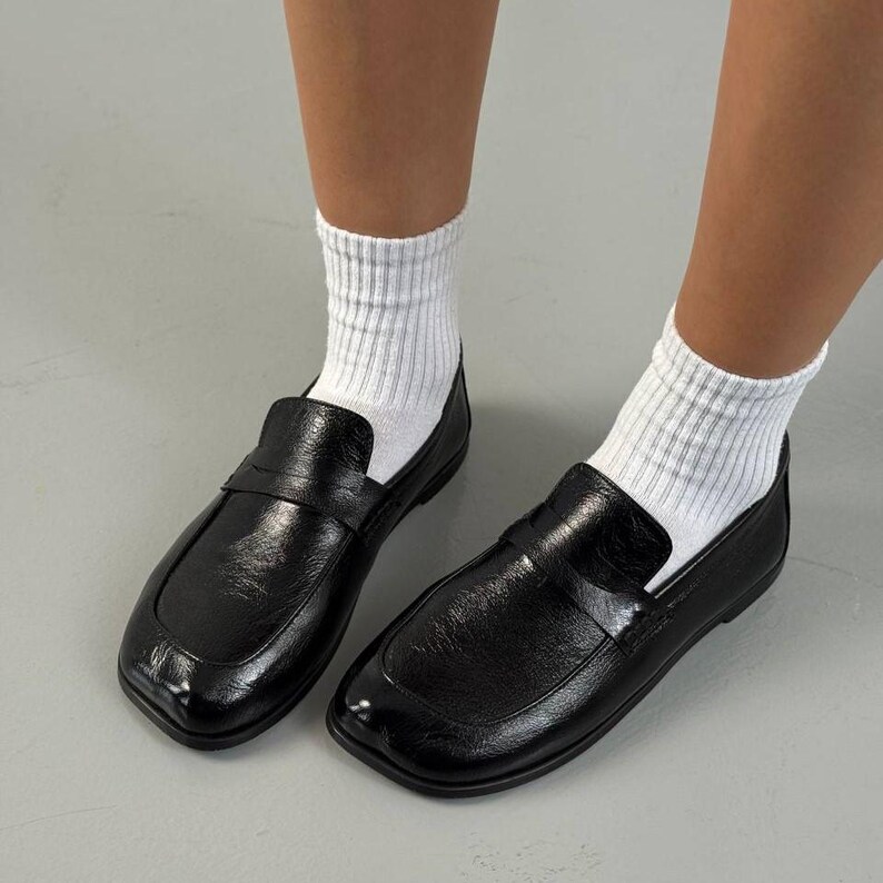 Women's Wide Toe Penny Loafers, Classic Black Leather Slip-On Shoes, Comfortable Casual & Office Footwear for Her image 12