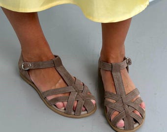 Sandalias de horma ancha para mujer, zapatos de verano cómodos de piel, bailarinas de ante suave para caminar, calzado con tira en T ajustable, sandalias cerradas para uso diario.