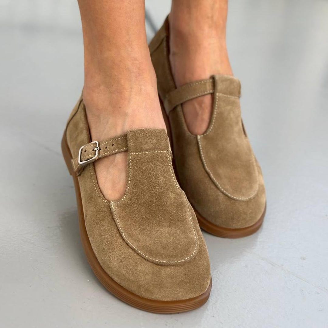 Suede T-strap Mary Jane Shoes, Women's Barefoot Flats, Wide Toe Box Shoes,  Soft Sole Shoes, Comfortable Anatomical Footwear, Gift for Her