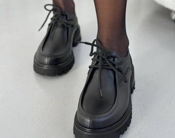Damenleder Schnürloafers, klobige Plattform Moc-Toe Derbies, Alltagsschuhe aus Naturleder, EVA Sohle Leichte Schuhe, Handgefertigt