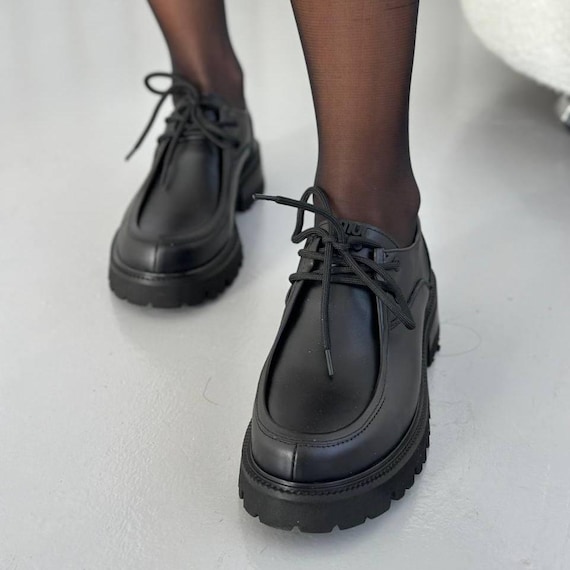 Women's Leather Lace-Up Loafers, Chunky Platform Moc-toe Derbies, Natural Leather Everyday Shoes, EVA Sole Lightweight Footwear, Handmade