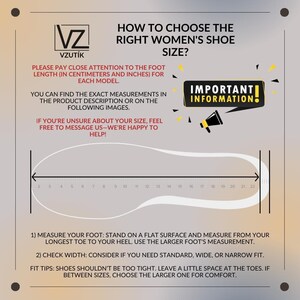 May include: Diagram illustrating how to measure foot length for shoe size. Includes text: "How to Choose the Right Women's Shoe Size?" and "Important Information!" with instructions in English and measurements in inches and centimeters.