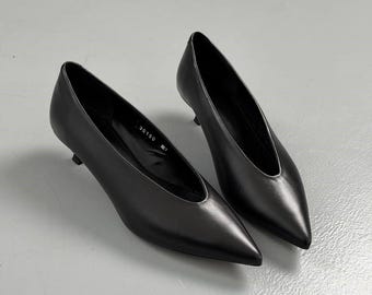 Pointed Toe V Neck Pumps, Women Natural Leather Kitten Heels, Low Heel Glove Shoes, Comfortable Office Dress Pumps, Elegant Slip On Heels