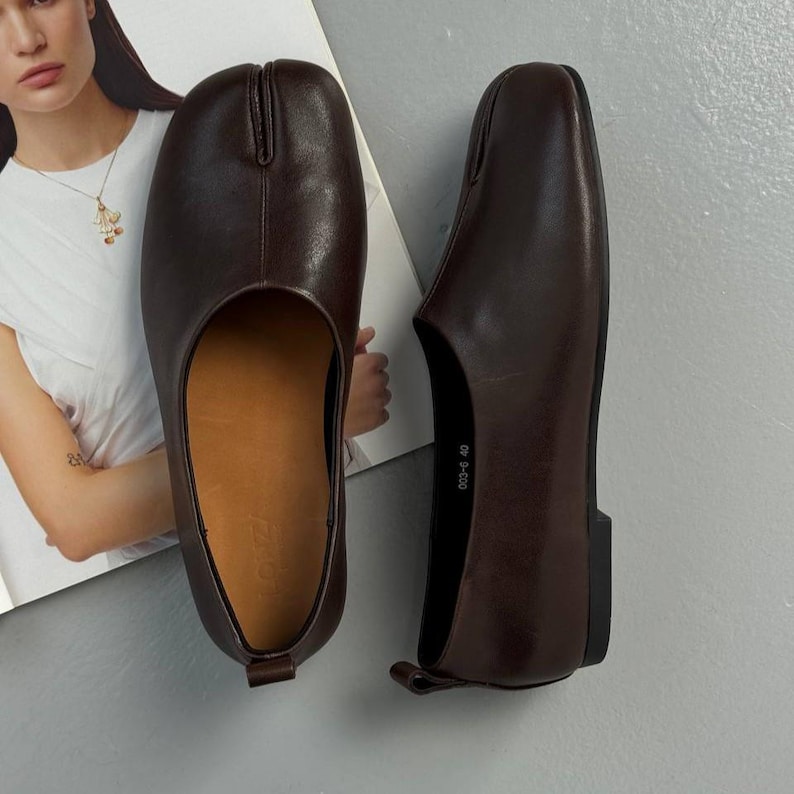 Echtes Leder Tabi Ballerinas, Split Toe Ballettschuhe Braun