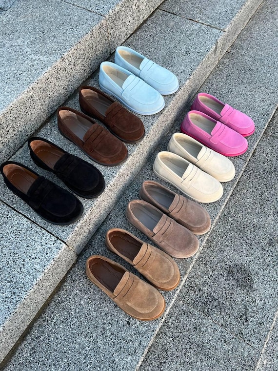 Classic Suede Penny Loafers for Women, Many Color Leather Flats, Elegant Slip-On Shoes, Handmade Loafers, Minimalist Everyday Footwear