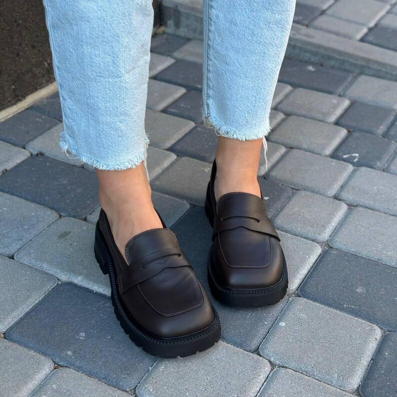 Women's Leather Loafers with Wide Toe Box, Square Toe Minimalist Slip Ons, Stylish Chunky Sole Flats, Comfortable Everyday Footwear Handmade image 9