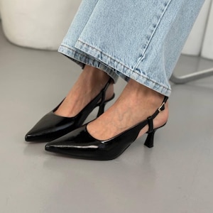 Patent Leather Slingback Heels, Low Stack Heel Shoes, Comfortable Block Heel Pumps, Women’s Classic Dress Shoes, Elegant Everyday Footwear