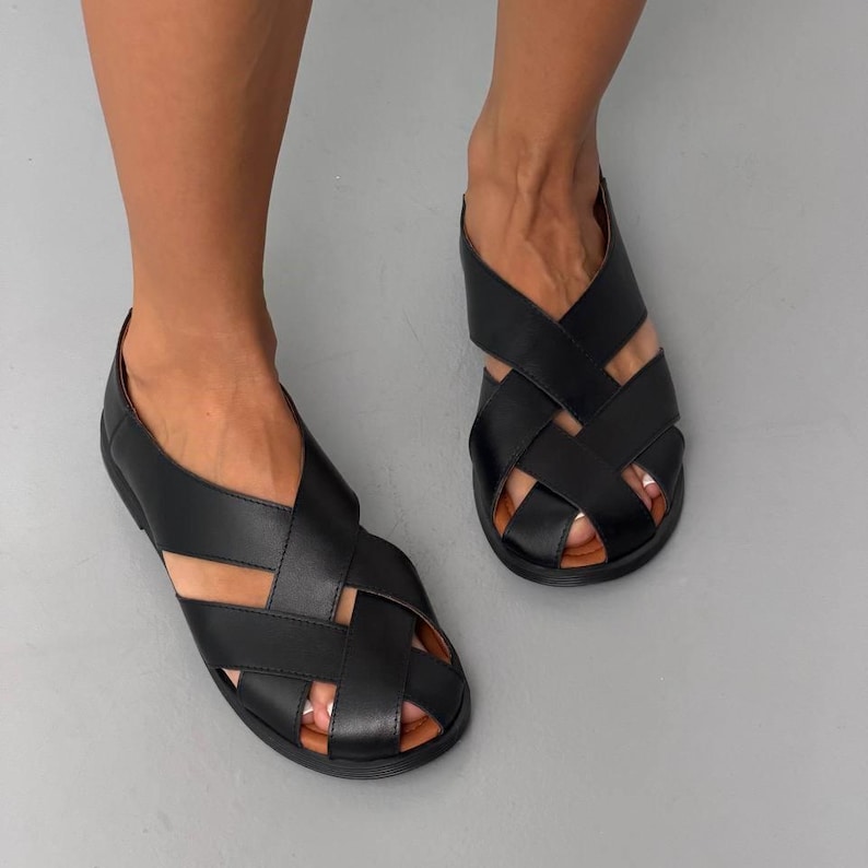 Natural Leather Woven Ballet, Women's Fisherman Sandals, Closed Toe Summer Shoes, Minimalist Braided Flats, Handmade Breathable Footwear Leather Black