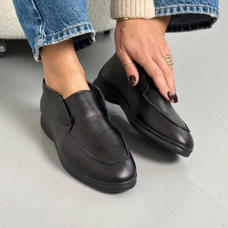 Suede Slip On Boots, Natural Sheepskin Fur Lined, Warm Winter Ankle Shoes, Minimalist High Top Loafers, Moccasin Boots, Quiet Luxury Style Leather Black