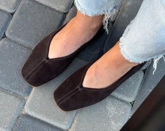 Barefoot Style Suede Ballet Flats, Women's V-Neck Minimalist Shoes, Soft Genuine Leather Lined Loafers, Narrow Fit Low Instep Flats