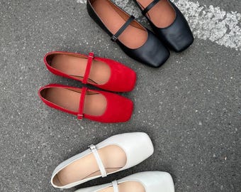 Barefoot Mary Jane Flats, Square Toe Ballet Shoes with Strap, Flexible Sole Leather Flats, Minimalist Feel, Everyday Chic Footwear