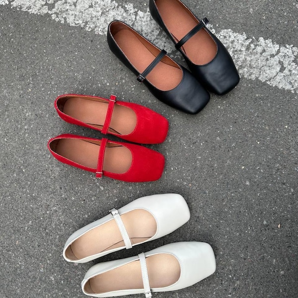 Barefoot Mary Jane Flats, Square Toe Ballet Shoes with Strap, Flexible Sole Leather Flats, Minimalist Feel, Everyday Chic Footwear