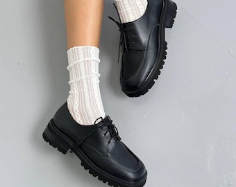 Mocassini neri in pelle spessa da donna, scarpe con plateau e punta quadrata stringate, suola larga a carrarmato, scarpe da lavoro stile Derby con tacco a blocco