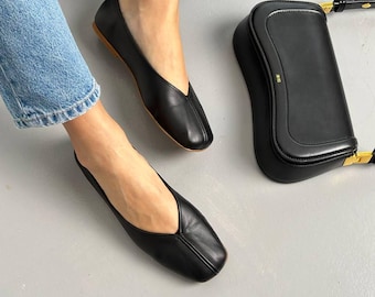 Leather Ballet Flats for Women, Square Toe Flat Shoes, Minimalist Comfortable Slip On Shoes, Handmade Casual Everyday Footwear, Barefoot