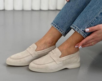 Handgefertigte Damen Wildleder Loafers, weiche Slip-On-Wanderschuhe, lässige tägliche flache Schuhe, klassische Komfortschuhe, vielseitige Mokassins, Geschenk für sie