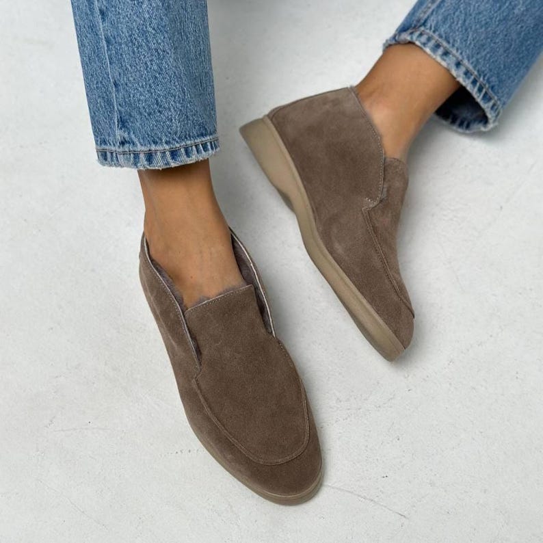 Suede Slip On Boots, Natural Sheepskin Fur Lined, Warm Winter Ankle Shoes, Minimalist High Top Loafers, Moccasin Boots, Quiet Luxury Style Suede Beige