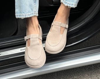 Women's Wide Toe Mary Jane Flats, Suede T-Strap Shoes, Soft Sole Comfortable Footwear, Anatomical Fit, Summer Shoes, Gift for Her