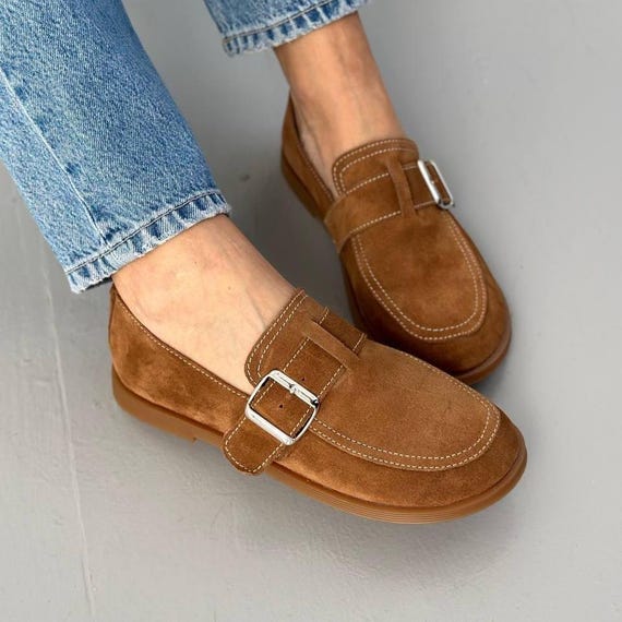 Women's Suede Loafers, Wide Toe Anatomical Slip-On Flats, Comfortable Soft Flexible Casual Moccasins, Handmade Shoes