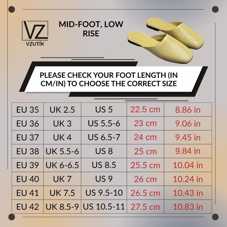 May include: A pair of light yellow perforated slip-on mules with a low rise. The image includes a sizing chart with columns for EU, UK, and US sizes, alongside foot length measurements in centimeters and inches, labeled VZUT&Iacute;K MID-FOOT, LOW RISE.