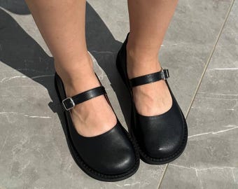 Wide Fit Black Leather Mary Jane Flats, Round Toe Anatomical Ballet Shoes, Comfortable Women’s Everyday Shoes, Classic Minimalist Style