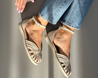 Leather Sandals with Ankle Strap, Handmade Summer Flats for Wide Feet, Open Toe Comfortable Shoes, Minimalist Walking Sandals