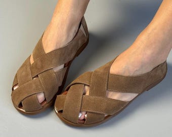 Anatomical Barefoot Ballet Flats, Women's Woven Leather Shoes, Wide Toe Box Summer Flats, Natural Suede Flexible Sole Shoes, Handmade Shoes