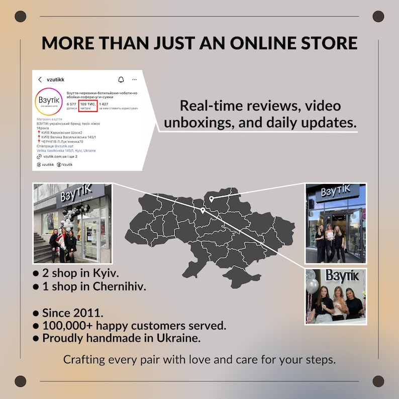 May include: An advertisement for Vzutik, an online store, with the text "More Than Just An Online Store." It includes photos of the store, a map of Ukraine, and information about the brand, including the number of shops and customers.