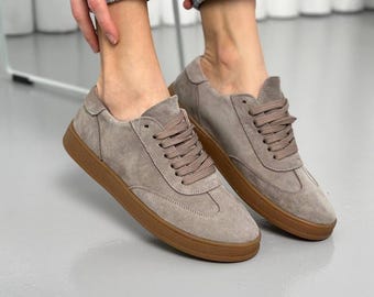 Women's Suede Sneakers with Laces, Casual Sneakers, Comfortable Shoes, Stylish Everyday Sneakers, Trendy Suede Lace-Up Sneakers, Sport Shoes