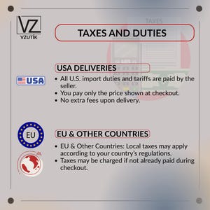 以下が含まれることがあります： 「税金と関税」と書かれた情報グラフィック。米国とEUおよびその他の国への配送に関する税金情報、輸入関税、および地方税の詳細を説明しています。米国とEUの旗が含まれています。