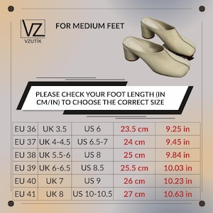 May include: Cream-colored leather mules with a block heel. The image includes a size chart with measurements in inches and centimeters, ranging from 9.25 inches (23.5 cm) to 10.63 inches (27 cm). The text reads "FOR MEDIUM FEET".