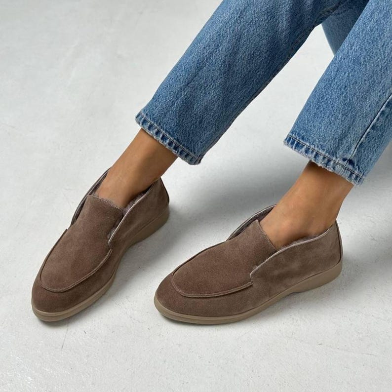 Suede Slip On Boots, Natural Sheepskin Fur Lined, Warm Winter Ankle Shoes, Minimalist High Top Loafers, Moccasin Boots, Quiet Luxury Style image 11