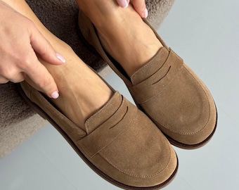 Mocassini larghi, scarpe da lavoro in pelle scamosciata adatte all'alluce valgo, scarpe da passeggio da donna a piedi nudi, slip-on minimaliste a caduta zero, scarpe fatte a mano