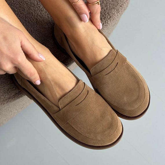 Wide Fit Penny Loafers, Bunion Friendly Suede Work Flats, Women's Barefoot Walking Shoes, Zero Drop Minimalist Slip-On, Handmade Shoes
