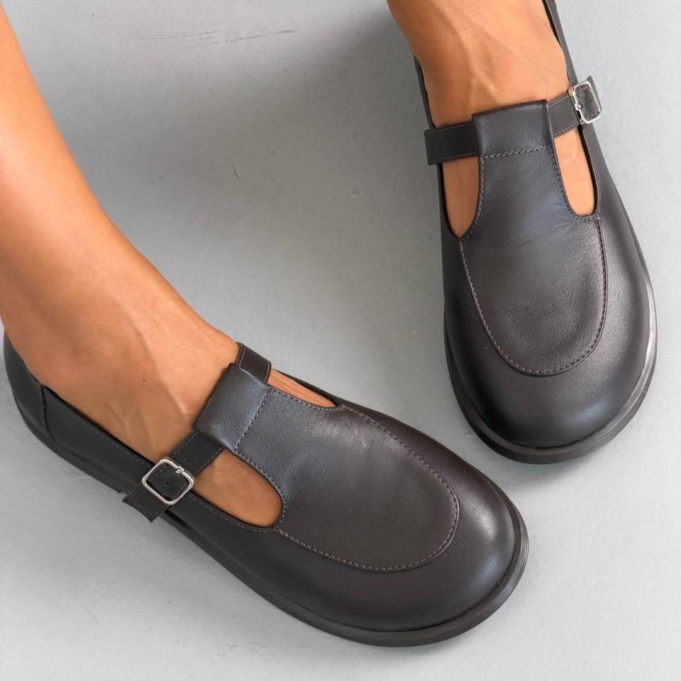 Women's Leather T-strap Mary Jane Flats, Comfortable Anatomical