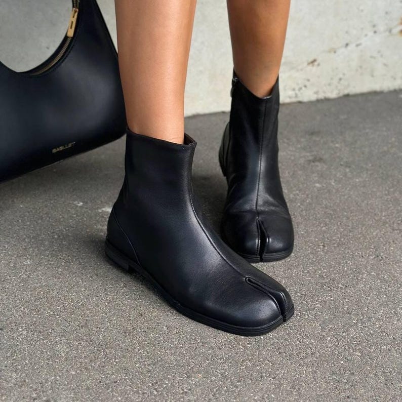 Black leather tabi boots