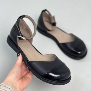Anatomical Black Leather Mary Janes, Wide Toe Box Ballet Flats, Comfortable Ankle Strap Shoes, Minimalist Footwear, Handmade Leather Flats Black