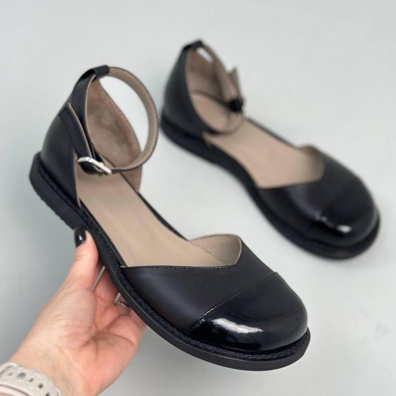 Anatomical Black Leather Mary Janes, Wide Toe Box Ballet Flats, Comfortable Ankle Strap Shoes, Minimalist Footwear, Handmade Leather Flats Black