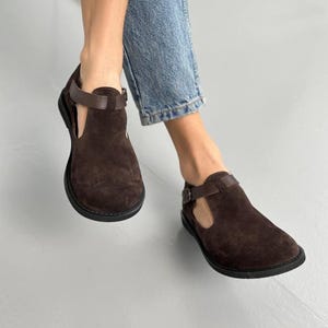 Women's Suede Mary Jane Clogs, Barefoot Style Flats, Anatomical Wide Fit Shoes with Round Toe, Soft Flexible Sole Comfortable Everyday Shoes image 1