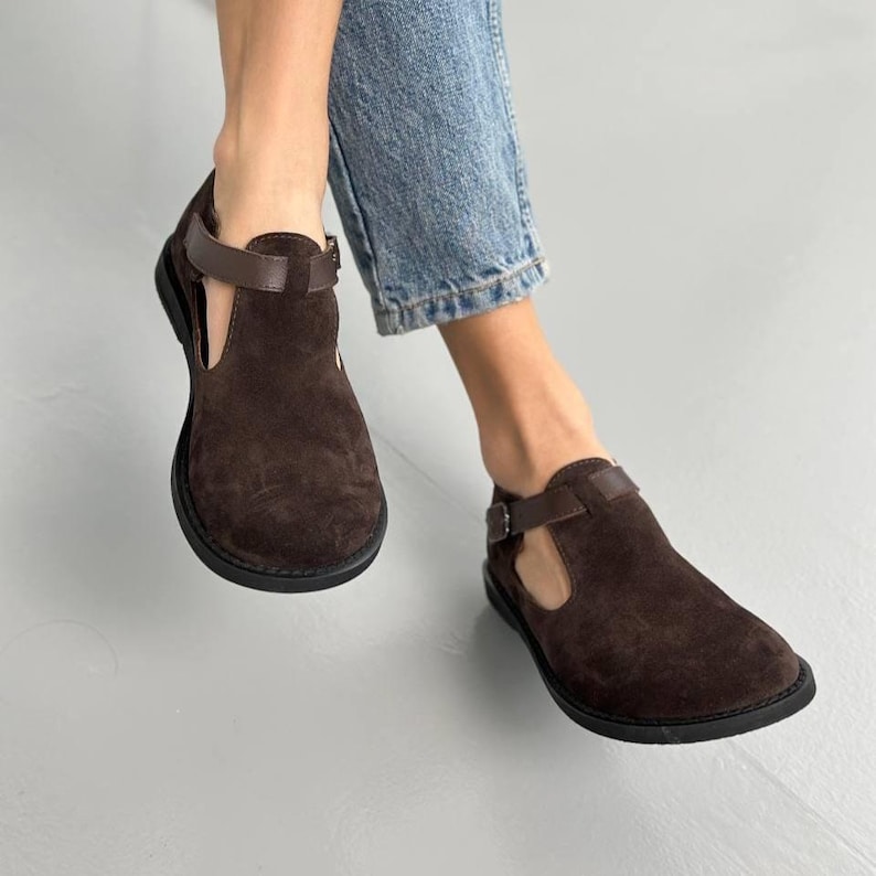 Women's Suede Mary Jane Clogs, Barefoot Style Flats, Anatomical Wide Fit Shoes with Round Toe, Soft Flexible Sole Comfortable Everyday Shoes image 1