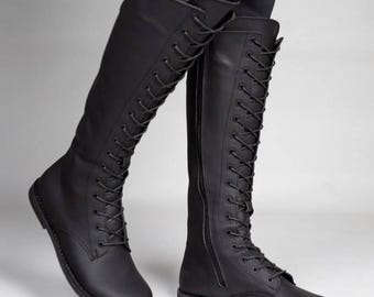 Knee High Barefoot Boots, Tall Lace Up Gladiator, Wide Toe Box Leather Shoes, Zero Drop Anatomic, Black Minimalist Boots, Side Zip