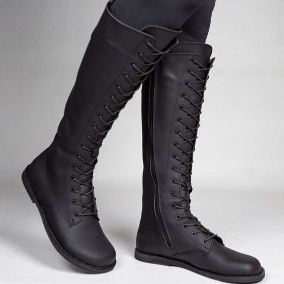 Knee High Barefoot Boots, Tall Lace Up Gladiator, Wide Toe Box Leather Shoes, Zero Drop Anatomic, Black Minimalist Boots, Side Zip